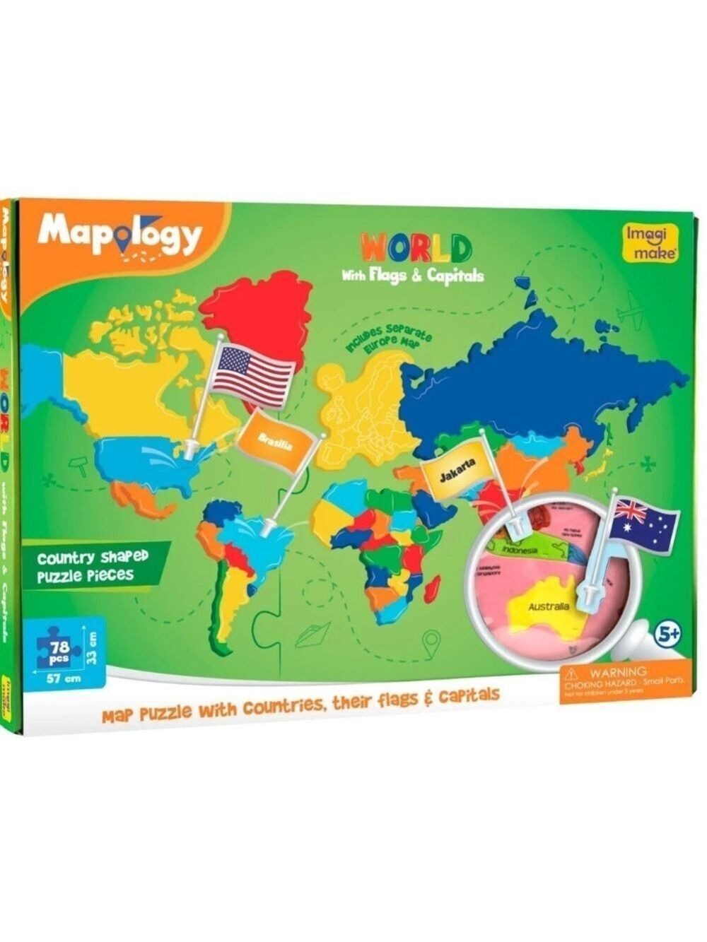 Mapology World Jigsaw Puzzle 78 Country Shaped Pieces with Flags Capitals Age 5+